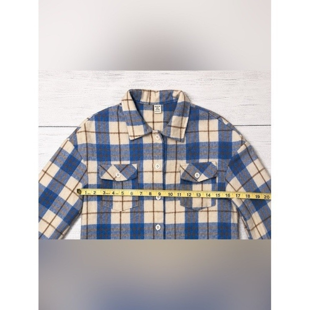 SHEIN Kids Blue Plaid Flannel Button Up Shirt Size 14/16 Youth - Picture 6 of 9